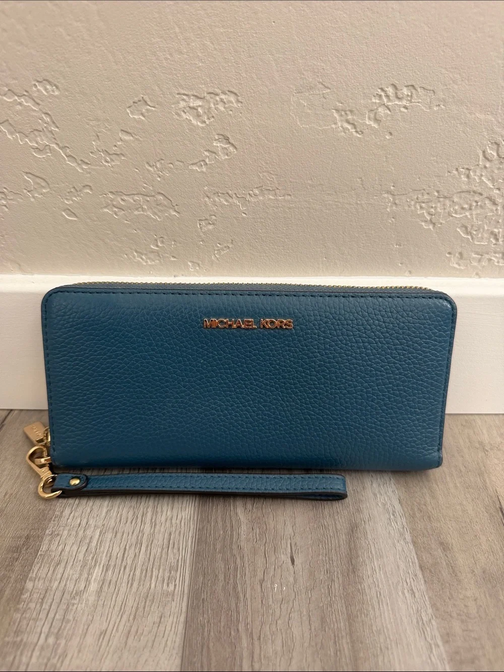 Michael Kors Blue Pebbled Leather Zip Wristlet Wallet with Gold Hardware
